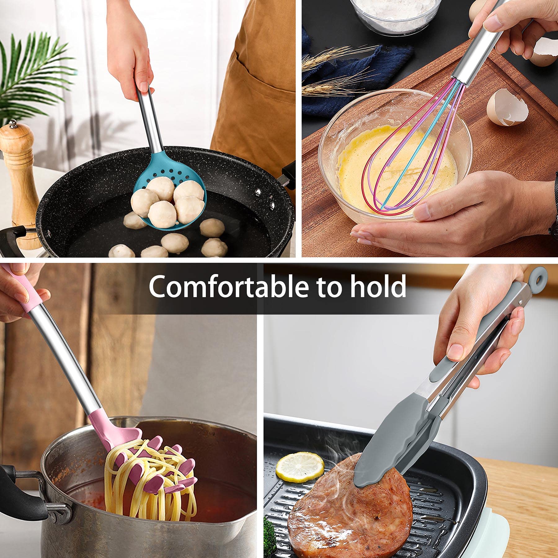 LIANYU 15-Piece Kitchen Cooking Utensils Set with Holder  Silicone Kitchen Tools Stainless Steel Handle  Slotted Spatula Spoon Turner Tong Whisk Brush for Cooking  Colorful